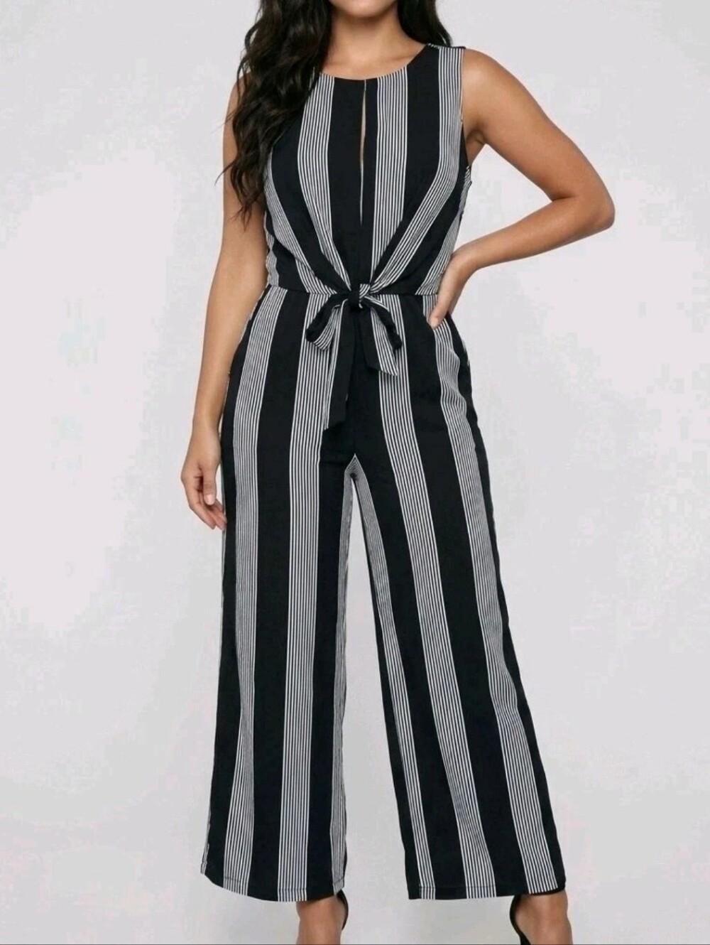 Luxology Jumpsuit Womens 10 Black White Striped Tie Waist Wide Leg Cropped NWT